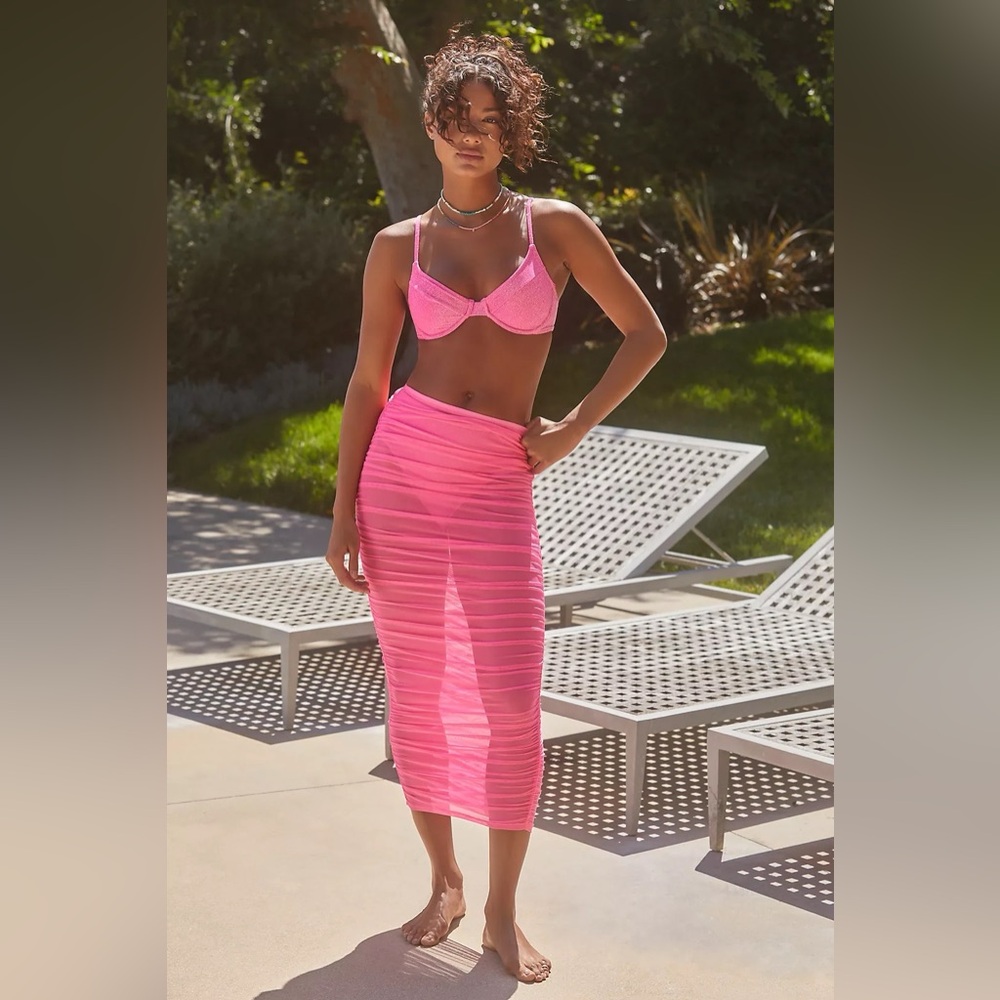 Good American Mesh Ruched Skirt Neon Pink NWT